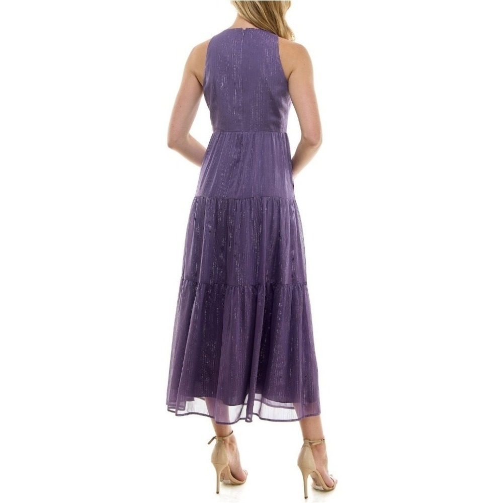 Nicole Miller Purple Layered Halter Sleeveless Criss Cross Maxi Glitter Side Zip - Picture 2 of 9